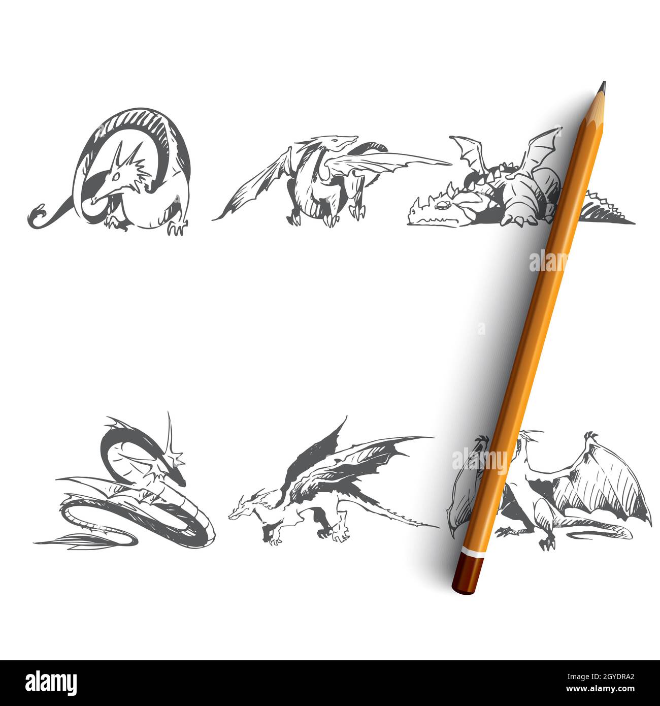 Dragons - different types of dragons vector concept set. Hand drawn sketch isolated illustration Stock Photo