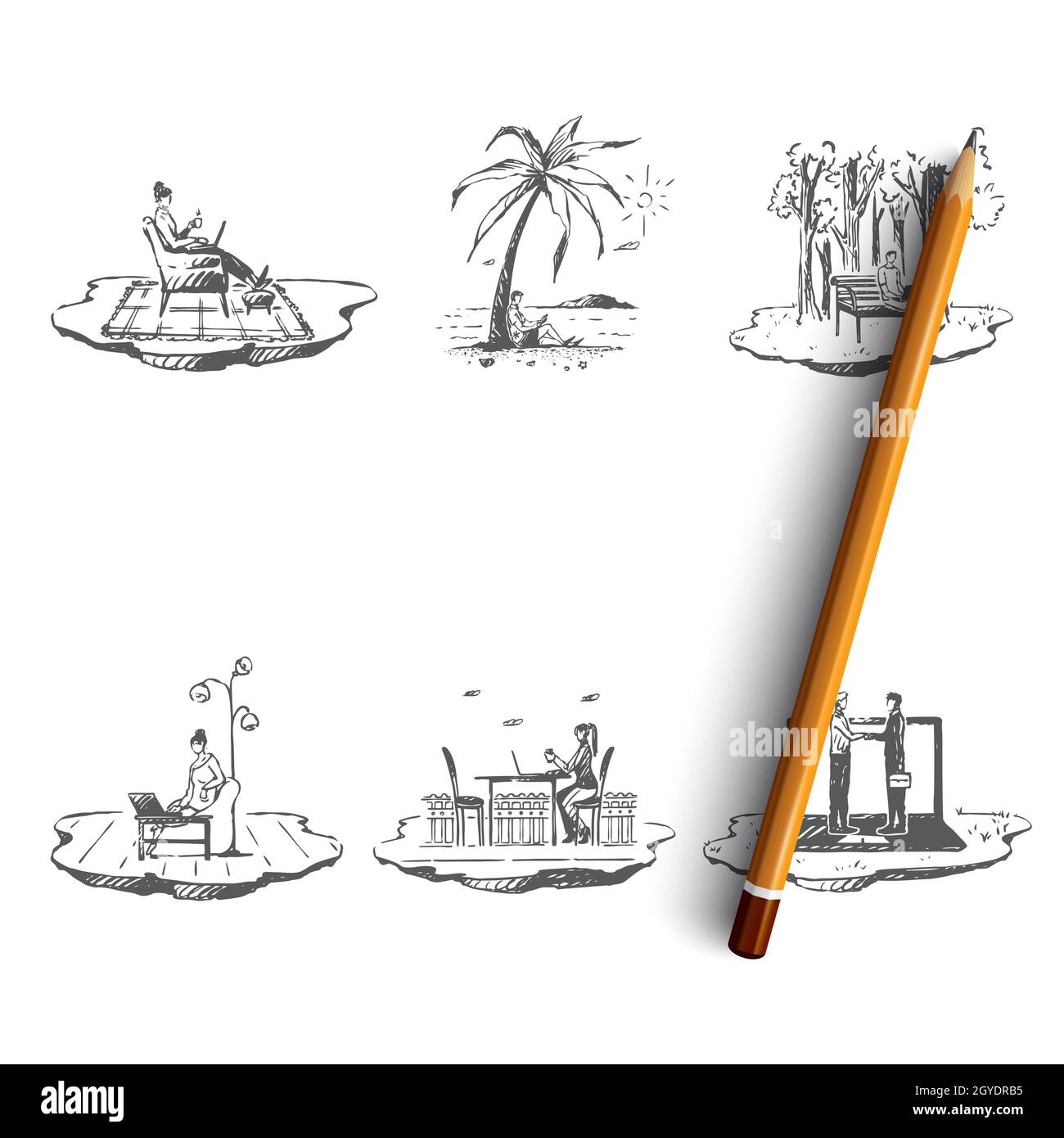 Freelancer - people working with laptops on nature outdoors and in comfortable places vector concept set. Hand drawn sketch isolated illustration Stock Photo