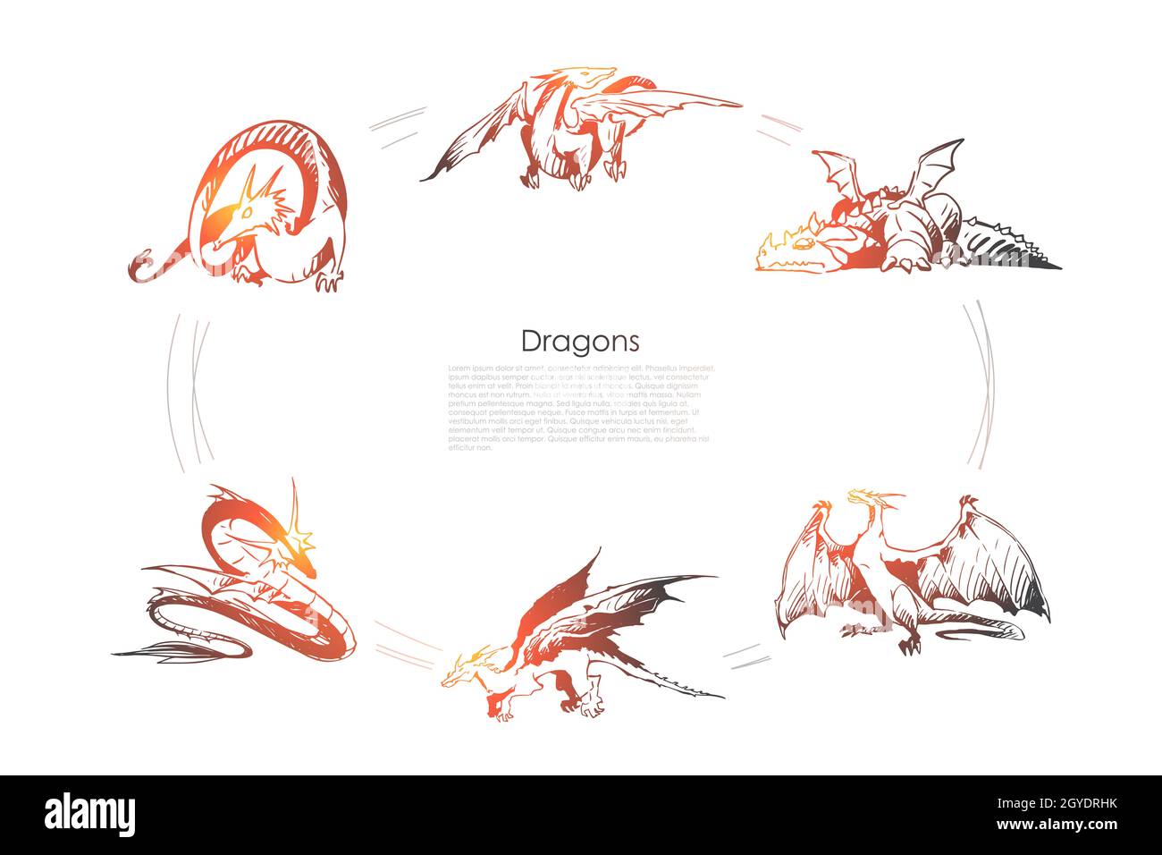 Dragons - different types of dragons vector concept set. Hand drawn sketch isolated illustration Stock Photo