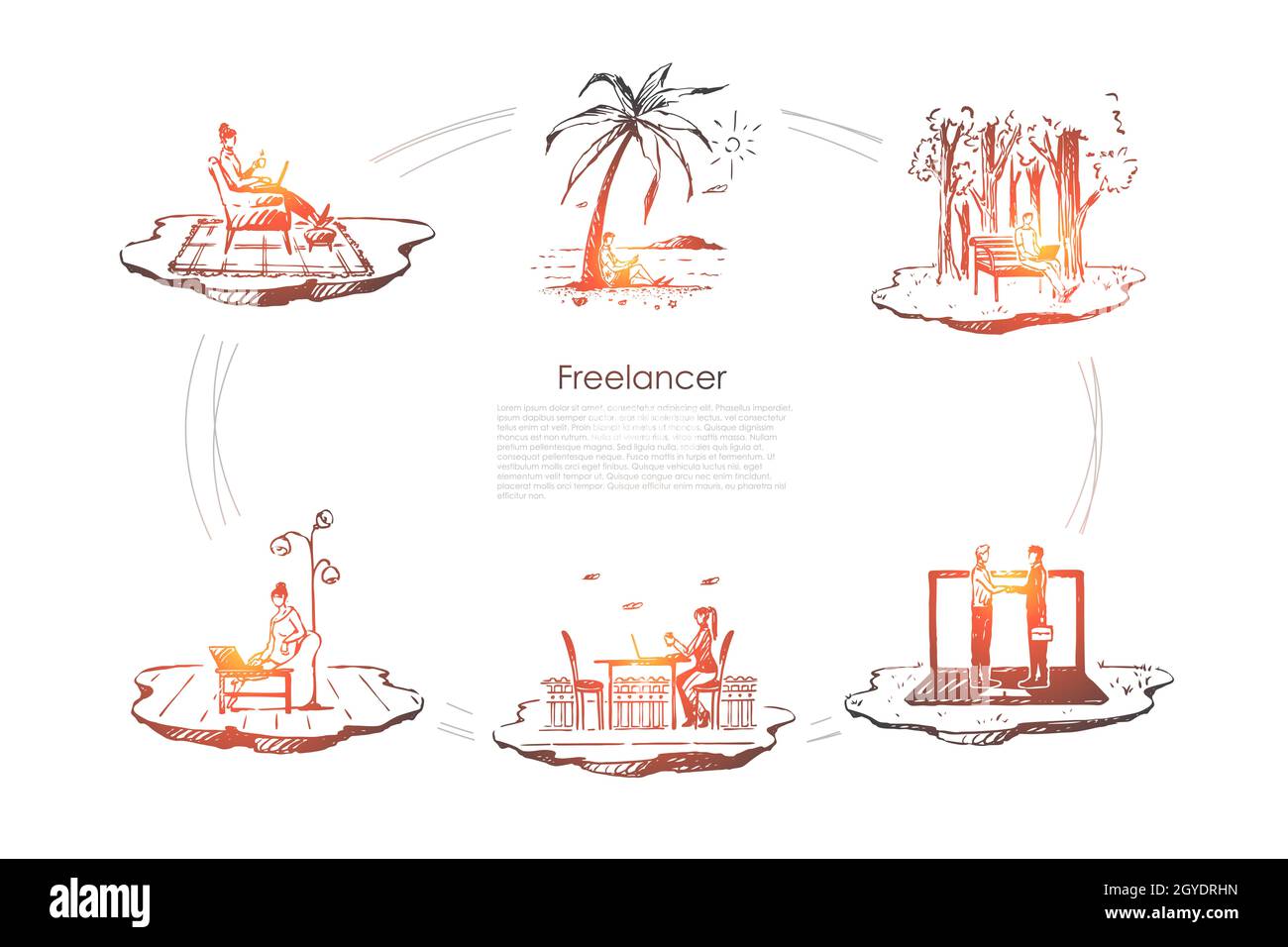 Freelancer - people working with laptops on nature outdoors and in comfortable places vector concept set. Hand drawn sketch isolated illustration Stock Photo