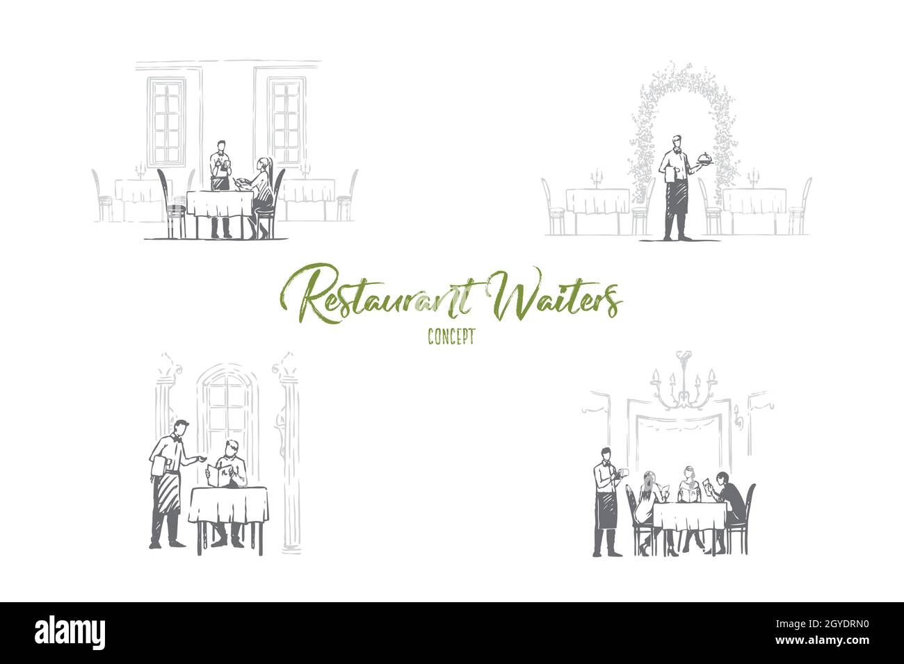Restaurant waiters - waiters in restaurants getting orders and bringing food vector concept set. Hand drawn sketch isolated illustration Stock Photo