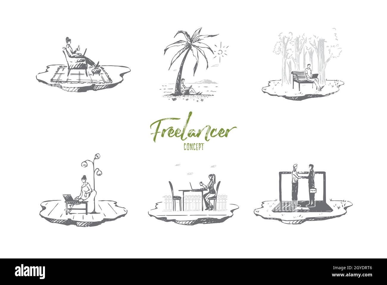 Freelancer - people working with laptops on nature outdoors and in comfortable places vector concept set. Hand drawn sketch isolated illustration Stock Photo