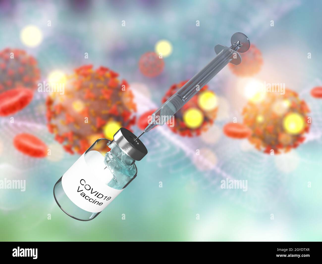 3D render of a medical background with syringe and vaccine on Covid 19 ...