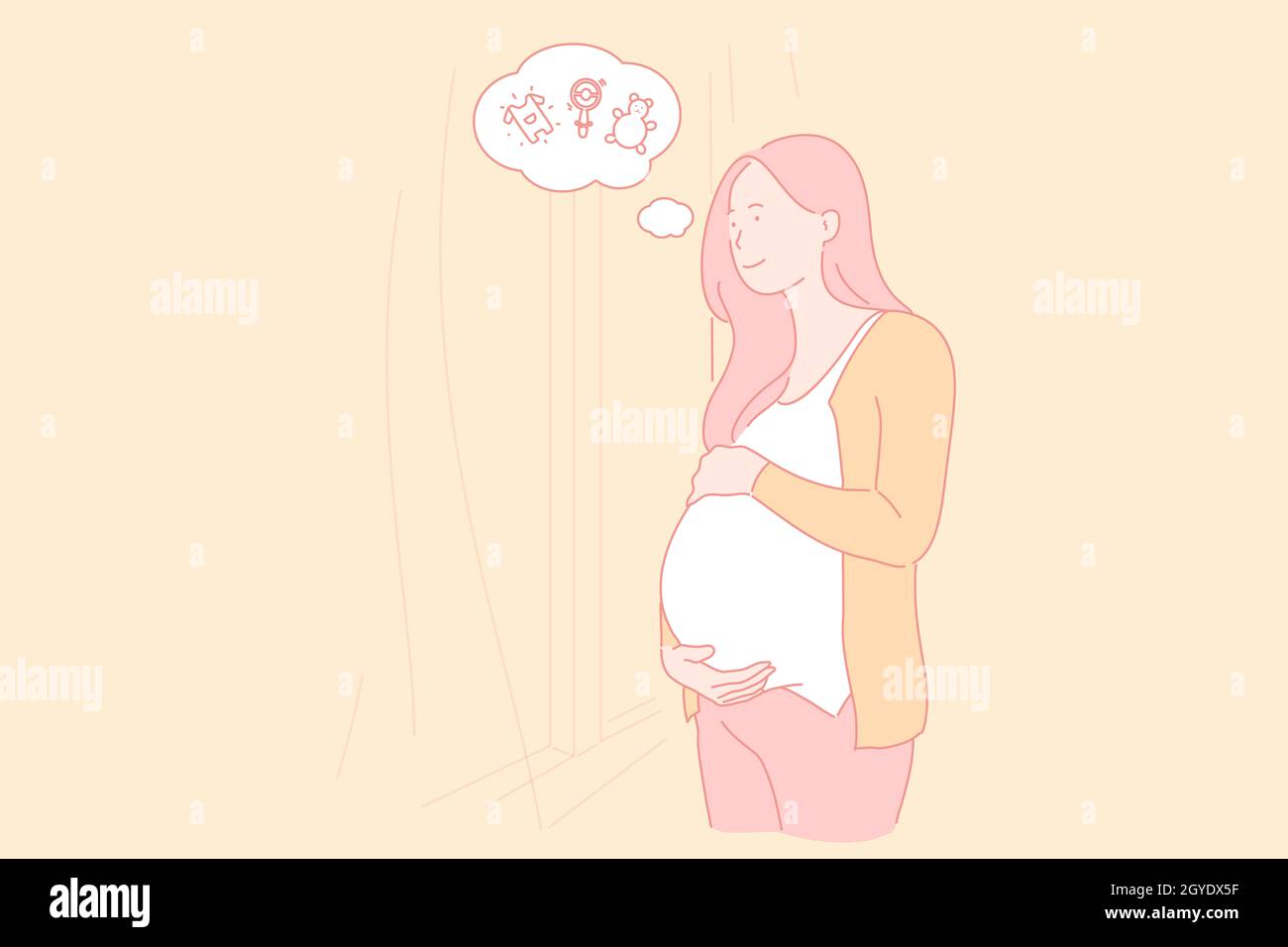 Pregnancy, childbearing, female body condition, expecting baby concept. Young pregnant woman thinking about childish toys, dreaming gravid girl and sp Stock Photo
