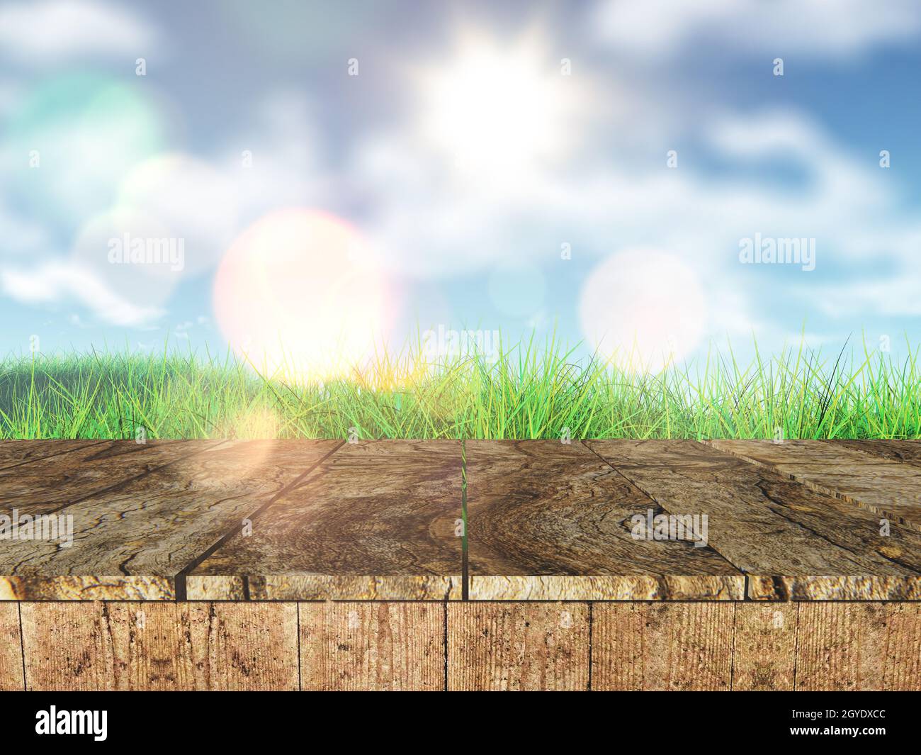 3D render of a rustic wooden table looking out to a grassy landscape ...