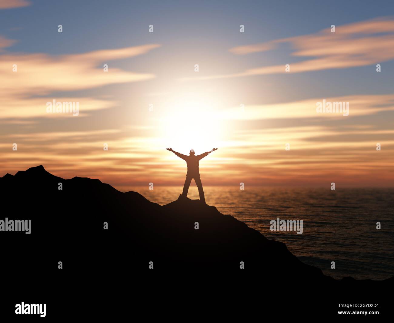 3D render of a silhouette of a man with arms raised against a sunset ...