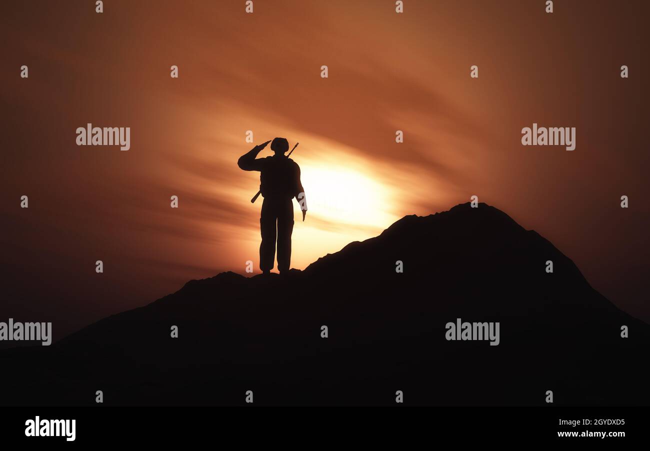 3D render of a silhouette of a soldier saluting against a sunset sky ...