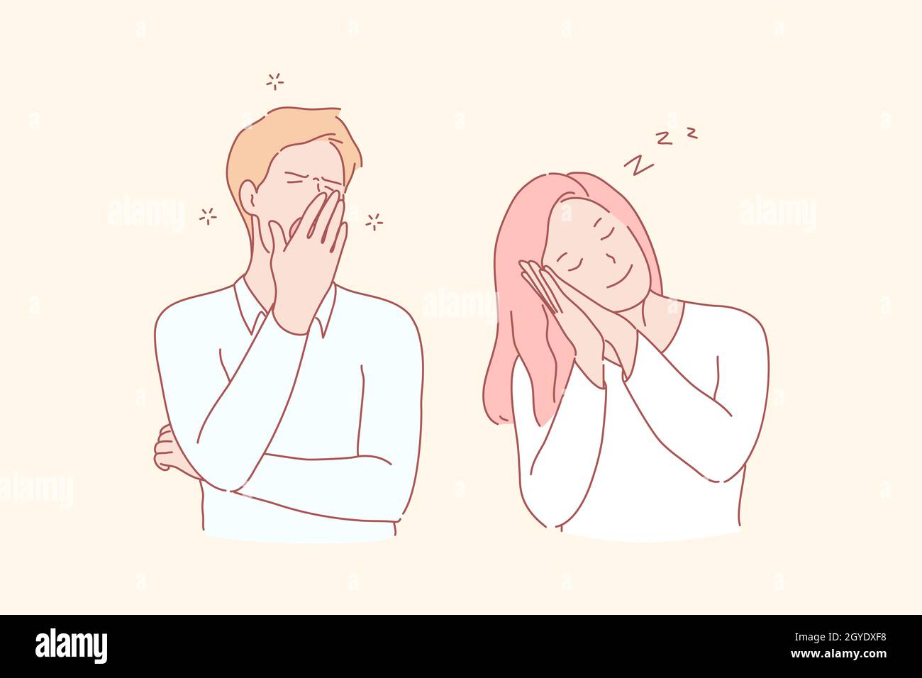 Sleepy young people, dozy man and woman concept. Falling asleep