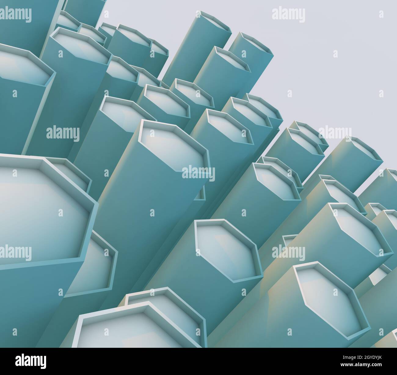 3D render of an abstract background with extruding bevelled hexagons ...