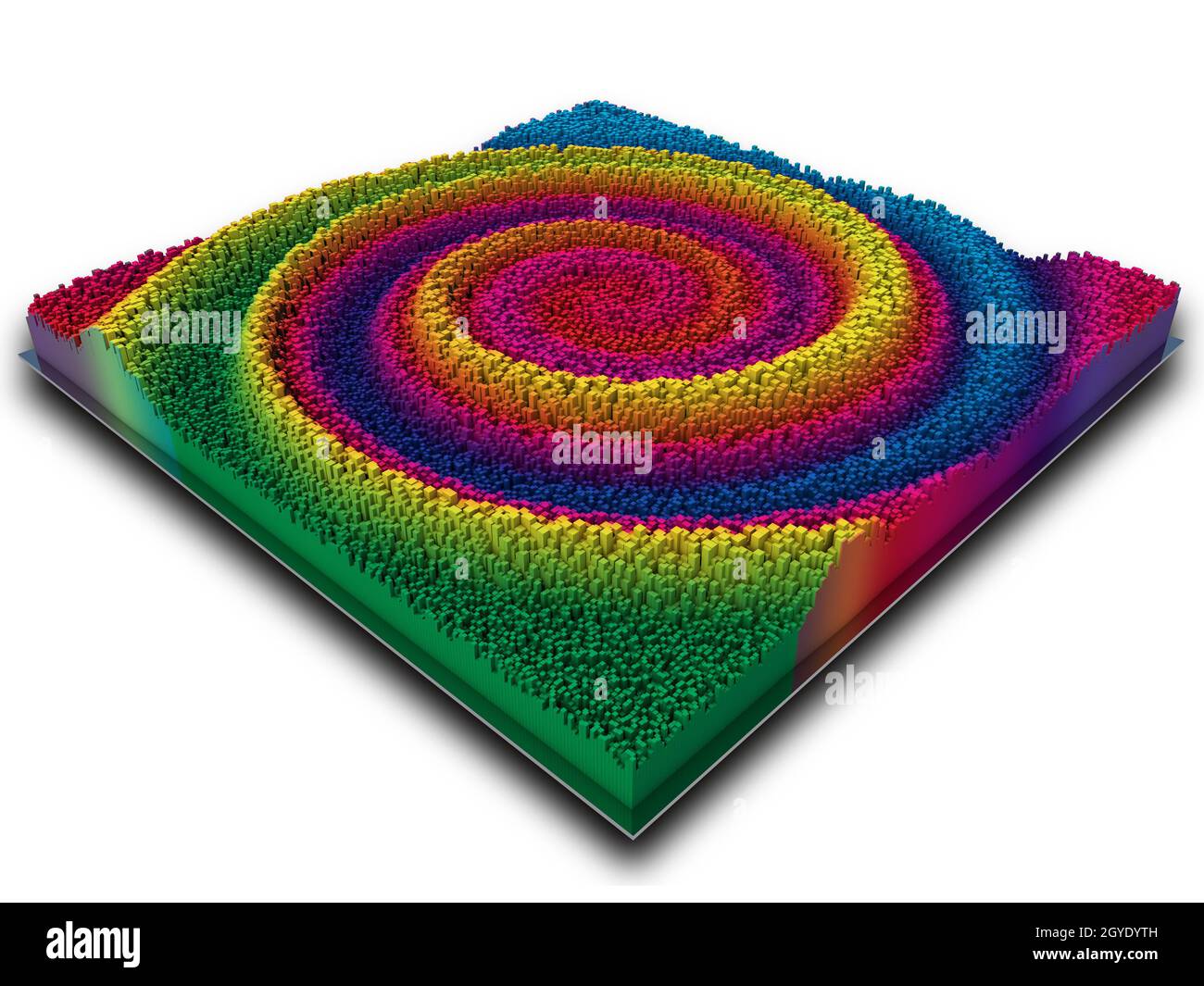 3D render of an abstract landscape in rainbow coloured extruding cubes ...