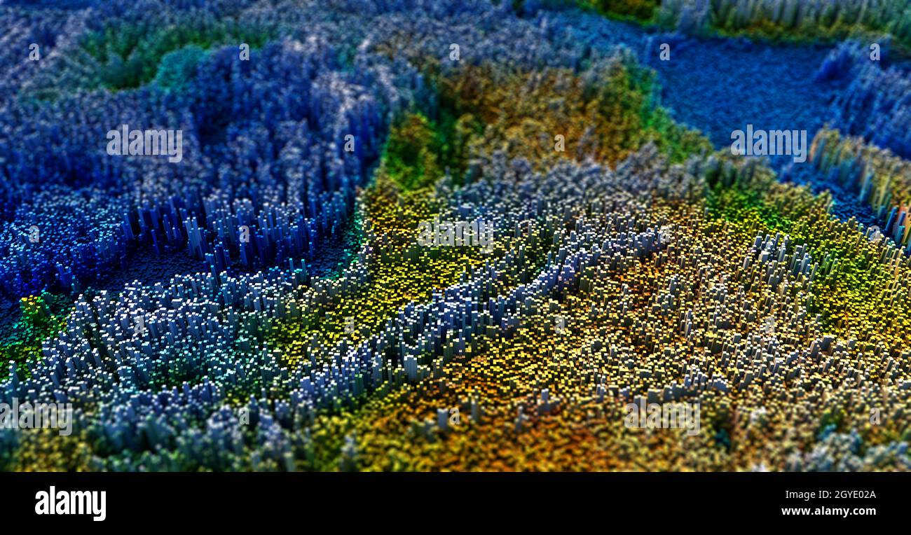3D render of an abstract topographic landscape with extruding cubes ...