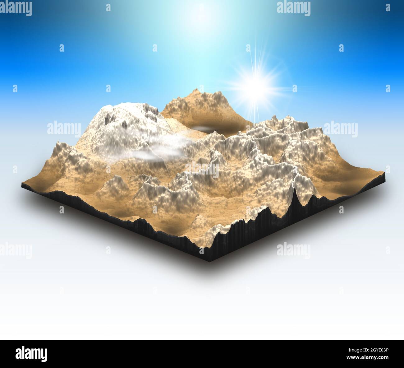 3D render of an isometric style landscape block with mountain scene ...