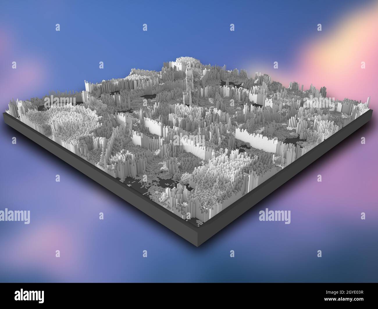3D render of an isometric landscape of grey extruding cubes on a ...