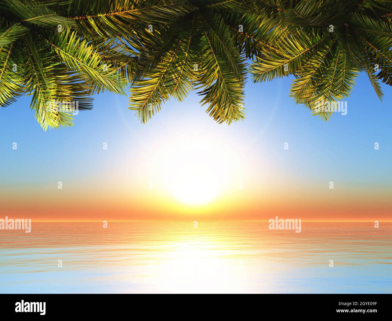 3D render of palm tree leaves against a sunset ocean landscape Stock ...
