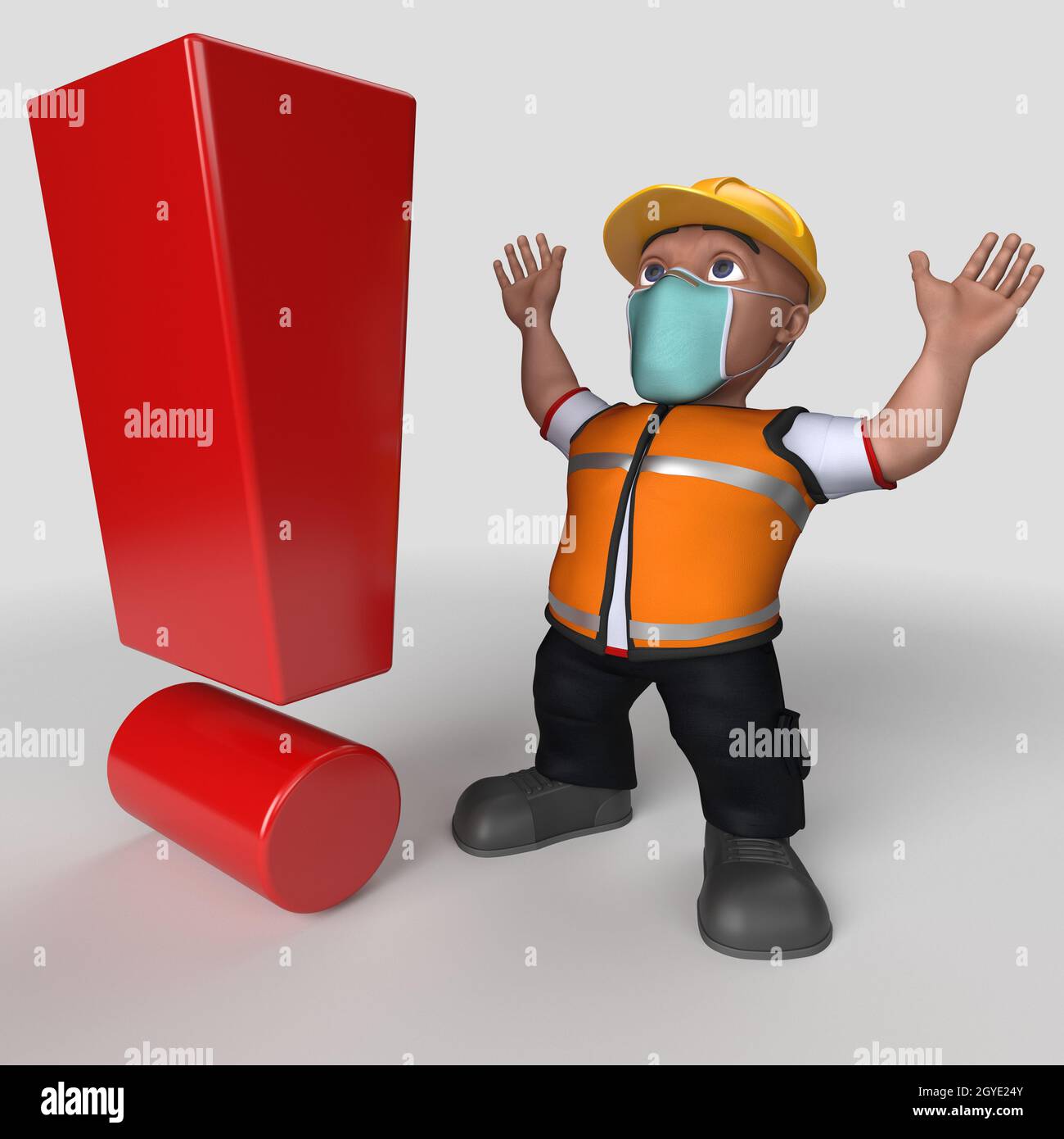 3D Render of Cartoon Builder Character in face mask Stock Photo - Alamy