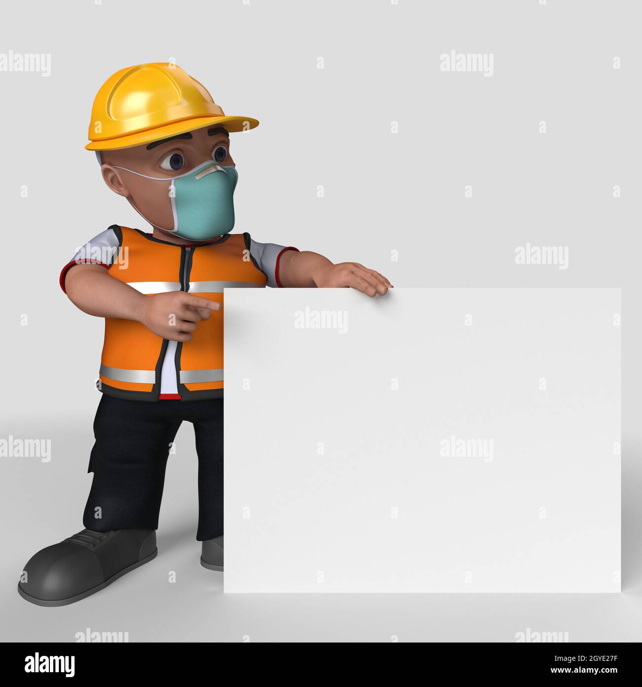 3D Render of Cartoon Builder Character in face mask Stock Photo - Alamy