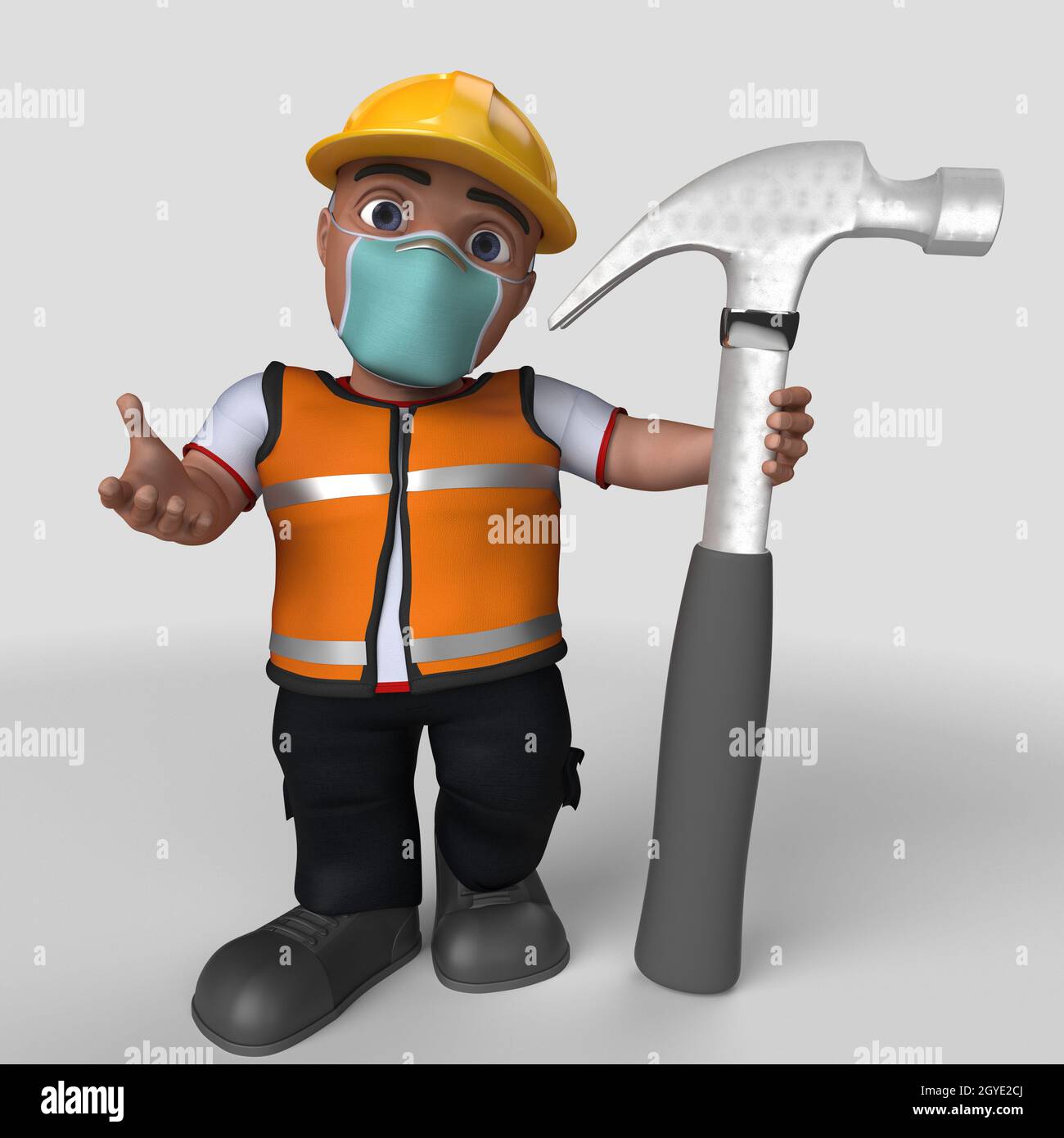 3D Render of Cartoon Builder Character in face mask Stock Photo - Alamy