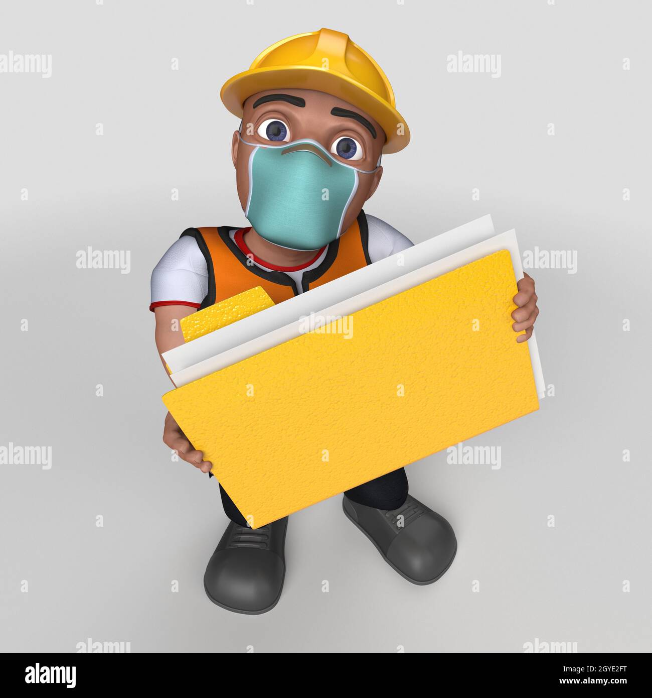 3D Render of Cartoon Builder Character in face mask Stock Photo - Alamy