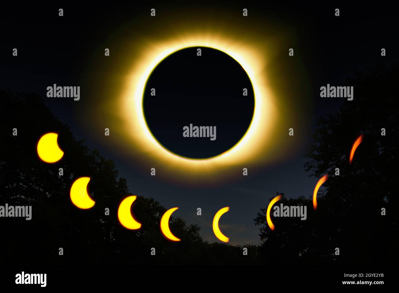 Total eclipse of the sun by the moon and all phases of the solar eclipse in yellow Stock Photo