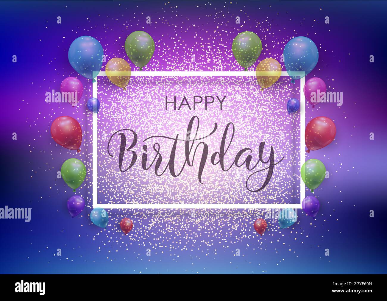 Happy Birthday background with balloons, frame and glitter Stock Photo -  Alamy