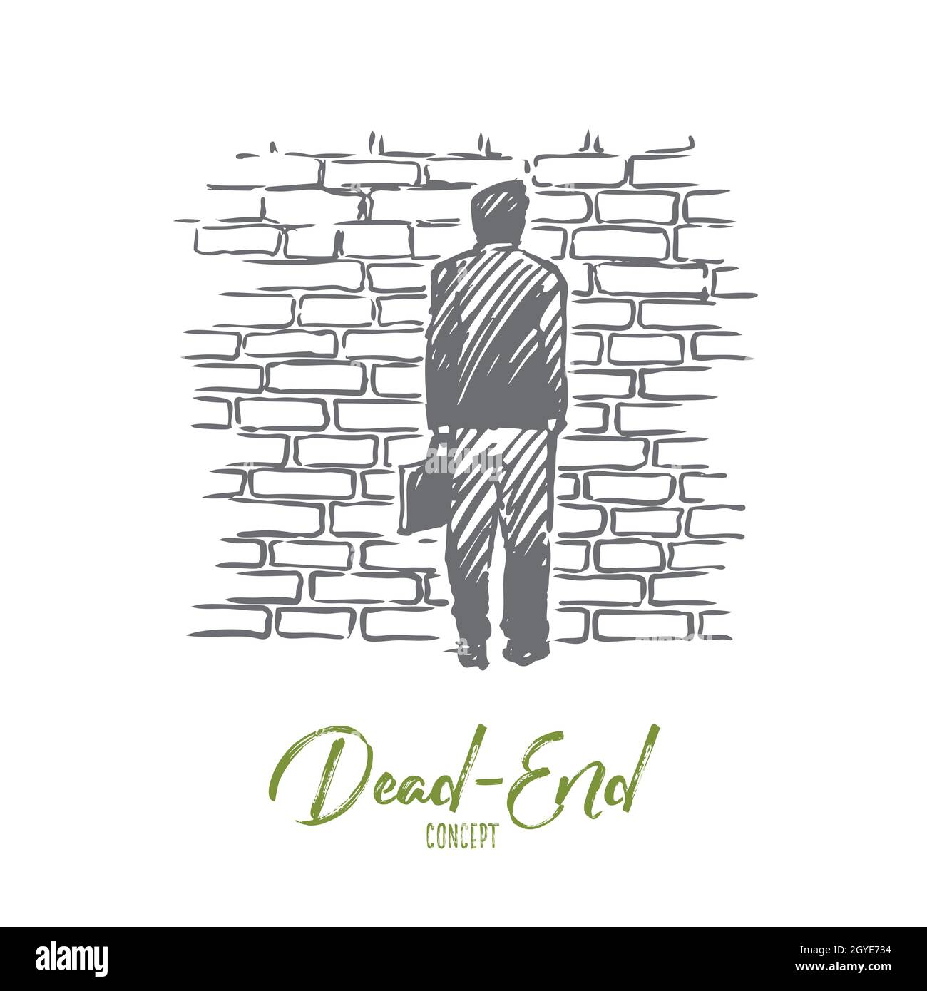 Dead end, problem, impasse, ponder concept. Hand drawn man stand in front of brick wall, symbol of dead-end concept sketch. Isolated vector illustrati Stock Photo