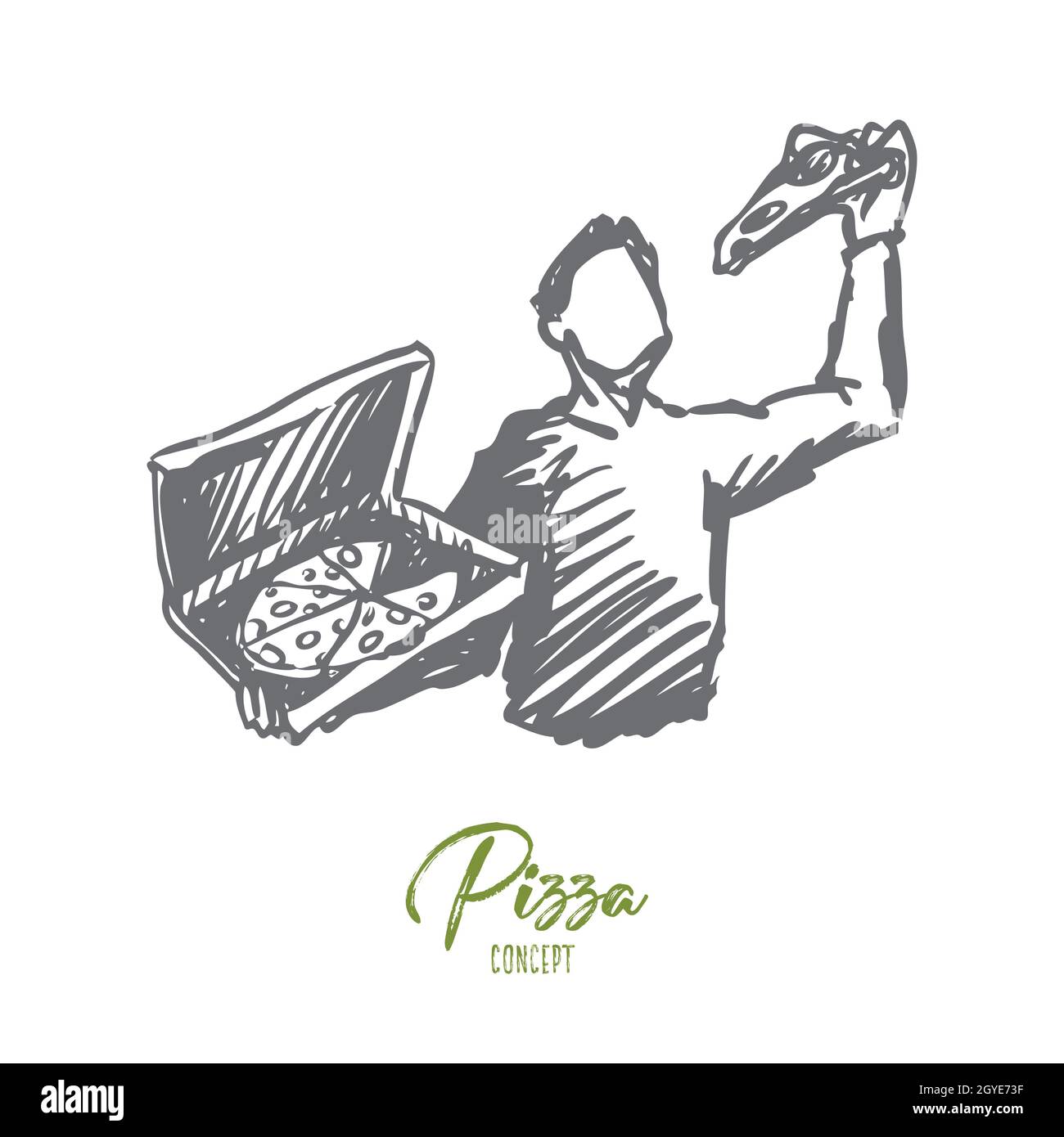 Pizza, man, dinner, food, italian concept. Hand drawn man eating whole pizza from box concept