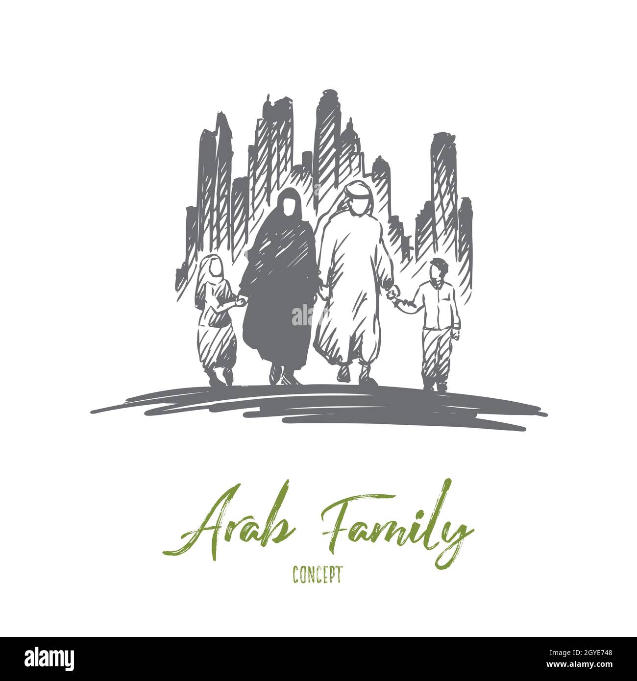 Arab, family, muslim, culture concept. Hand drawn traditonal arab ...