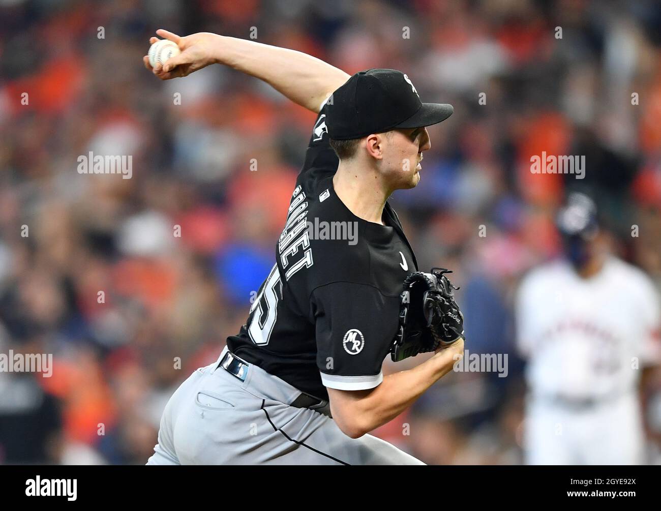 Houston, USA. 07th Oct, 2021. Chicago White Sox relief pitcher Garrett  Crochet throws a pitch in the 6th inning against the Houston Astros in game  one of the ALDS at Minute Maid