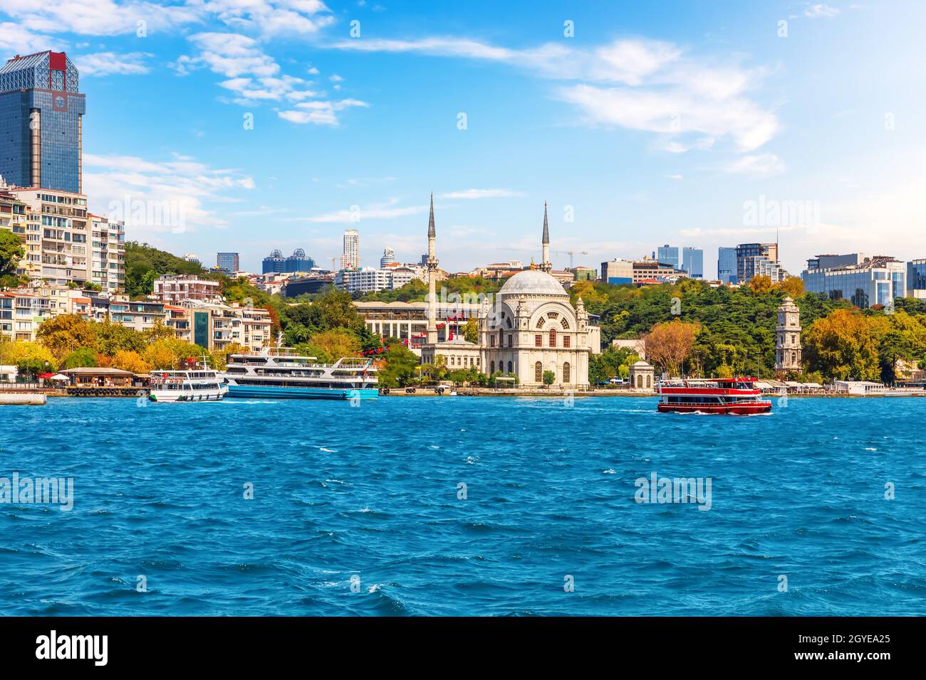 The Coastline of Istanbul with the Molla Celebi Mosque, Bosphorus straight, Turkey. Stock Photo