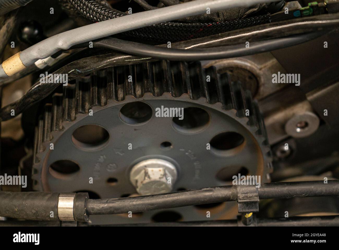 Detail of Pulley in the car engine Stock Photo Alamy