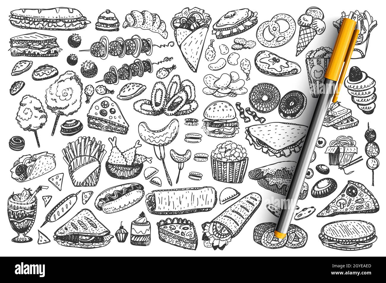 Fast food doodle set. Collection of pop corn cakes hamburger hot dog crisps hamburger noodles and pizza on white background. Unhealthy nutrition and j Stock Photo