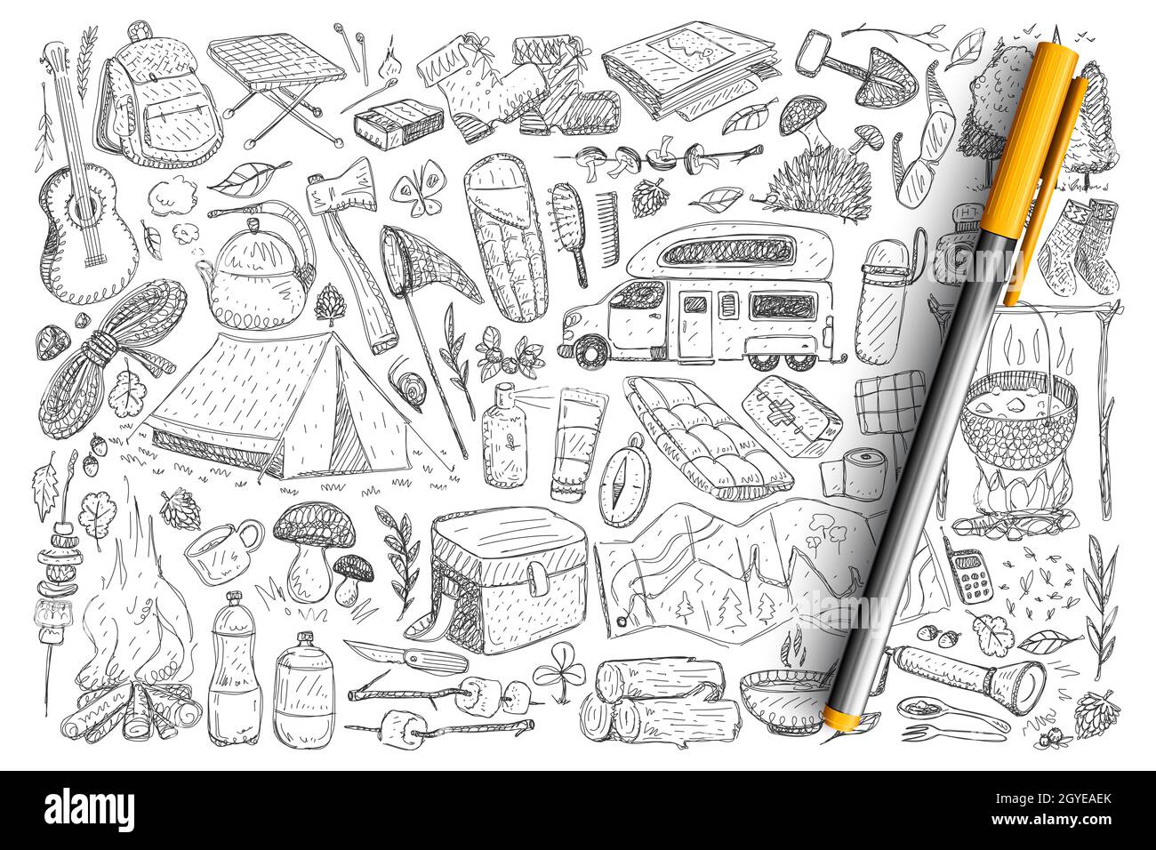 Accessory for camping doodle set. Collection of hand drawn tent, guitar, bonfire, truck, bbq, backpack, sleeping bag, axe, hot drinks for traveling hi Stock Photo