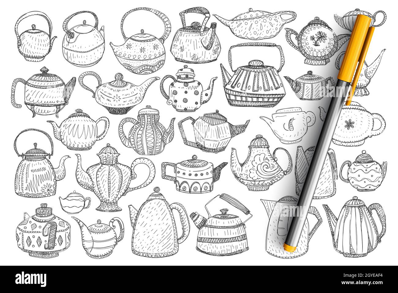 Kettles and teapots doodle set. Collection of hand drawn stylish
