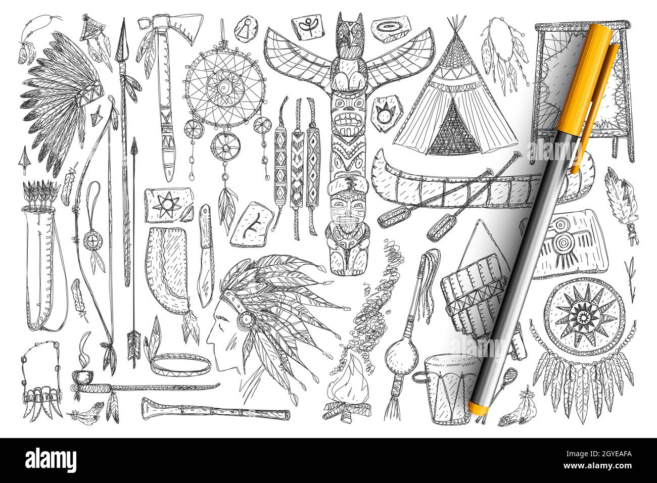 Accessories if Indians doodle set. Collection of hand drawn feathers, tools, musical instruments, boats, tools for hunting and cared symbols isolated Stock Photo