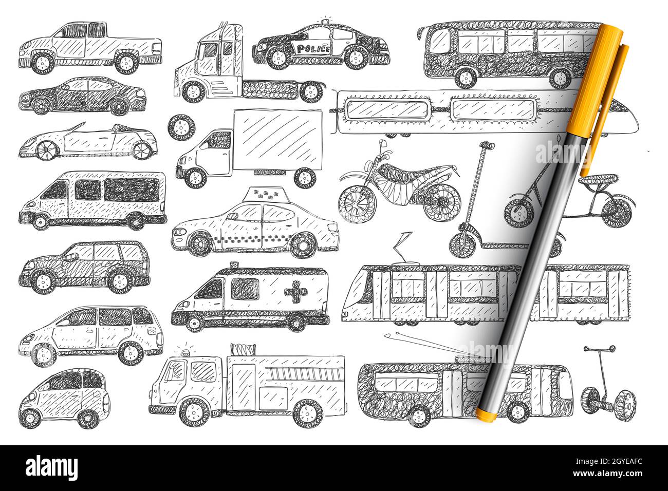Types of vehicles doodle set. Collection of hand drawn cars buses scooters police car trucks trolleybus moped isolated on transparent background. Illu Stock Photo