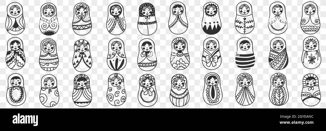 Russian doll matryoshka doodle set. Collection of hand drawn various