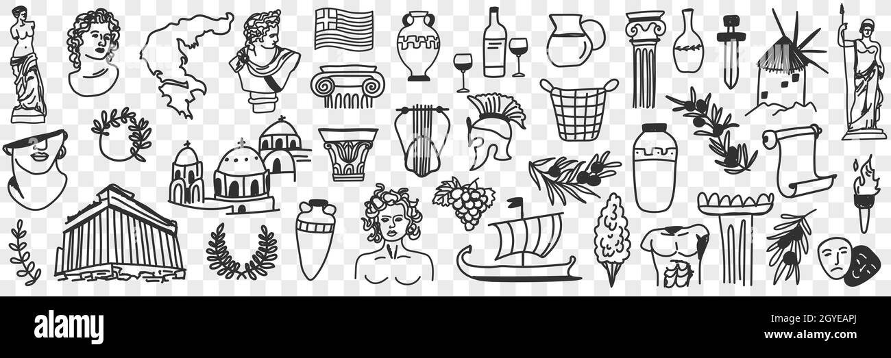 Symbols of ancient culture doodle set. Collection of hand drawn greek sculptures buildings arch gods ships musical instruments masks for theatre from Stock Photo
