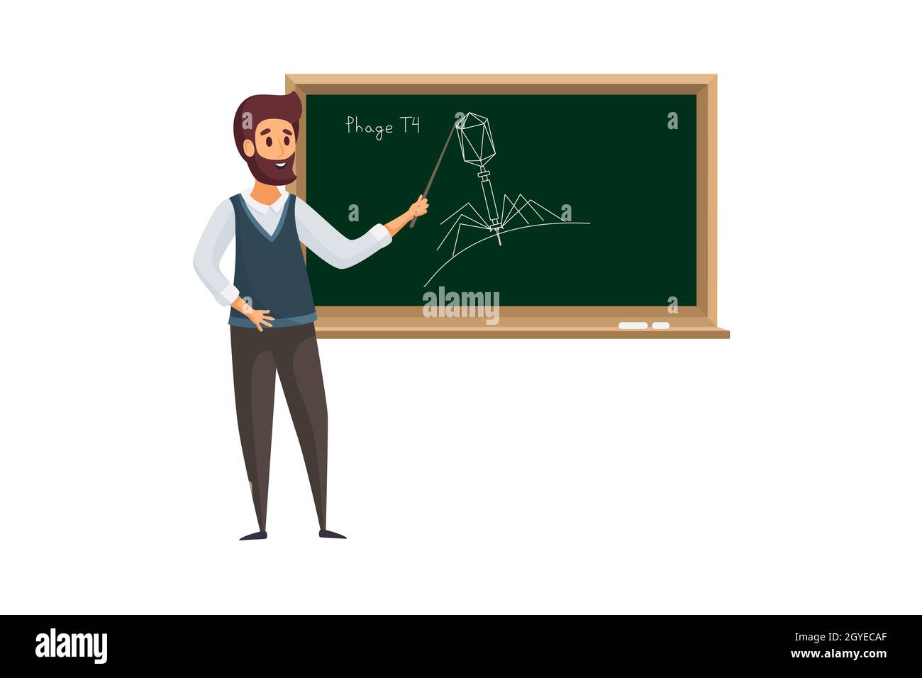 Training, teaching, education concept. Happy man teacher tutor cartoon character explaining new topic subject near blackboard. Giving knowledge, schoo Stock Photo