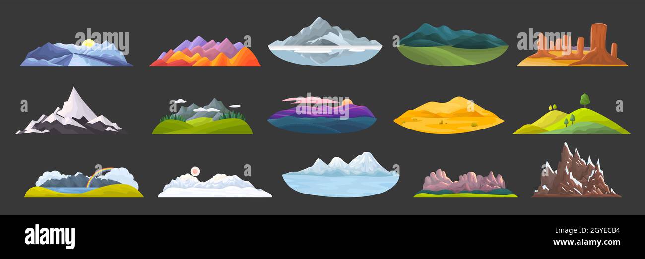 Mountains doodle set. Collection of cartoon style drawing skteches  templates of rocky objects hill tops and outdoor landscape with winter peaks  and sa Stock Photo - Alamy