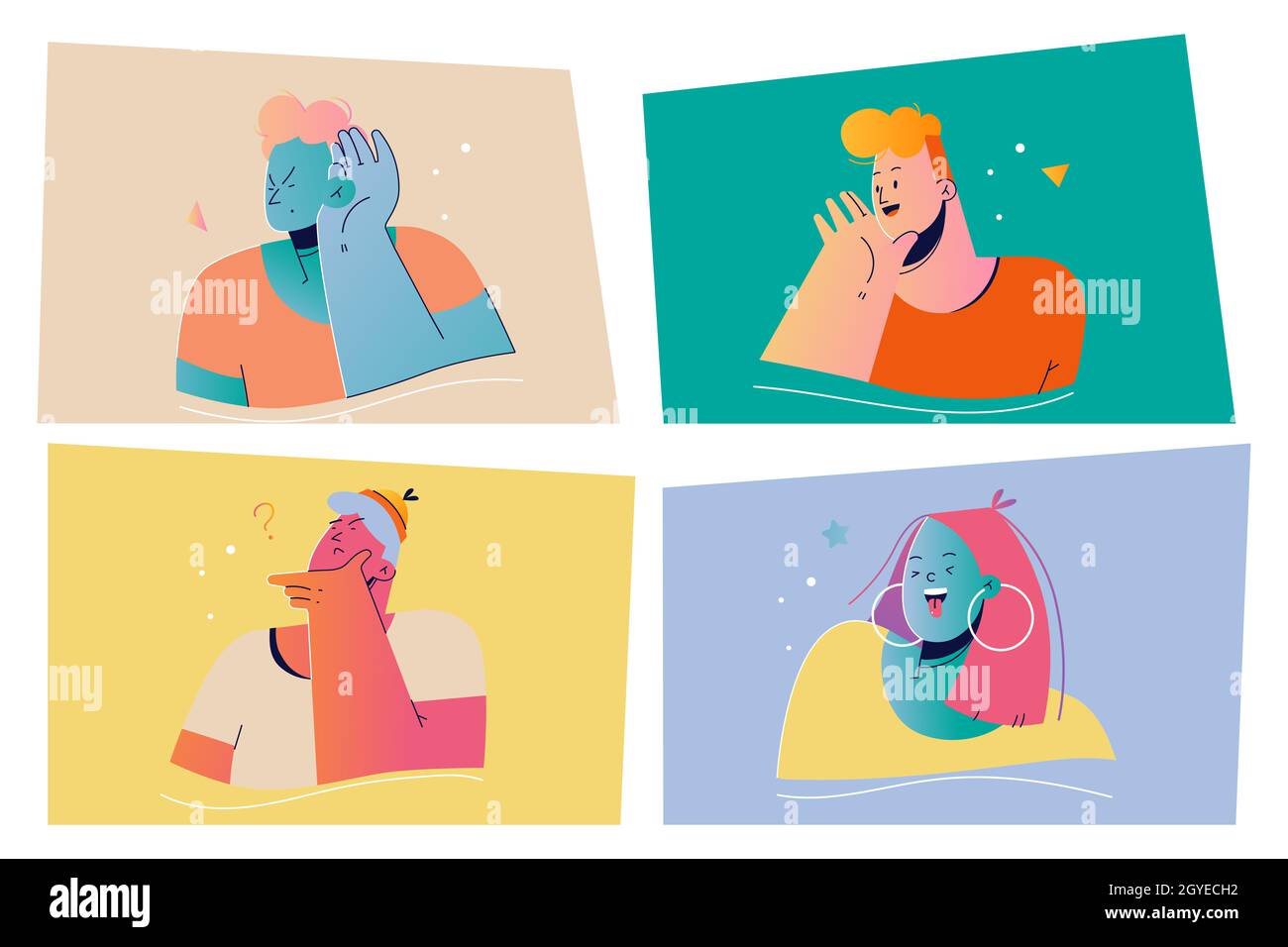 Emotion, face expression set concept. Positive negative emotional people illustration for print. Collection of men women cartoon characters thinking l Stock Photo