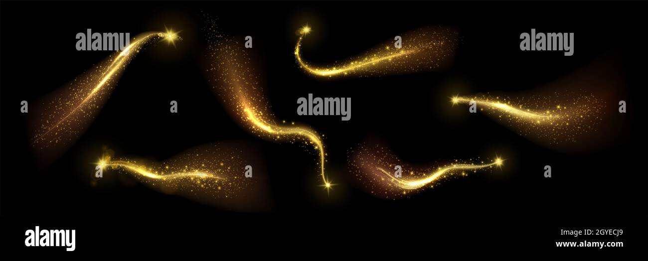 Realistic sparkles mockup. Collection of realism style drawn sets meteors cmets light petards of different shape on black background. Festival symbols Stock Photo