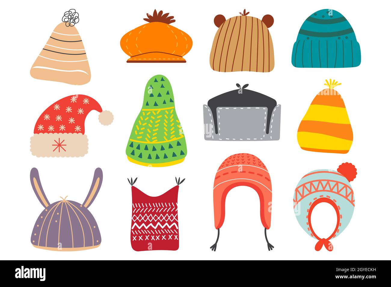 Winter hats doodle set. Collection of colourful woolen cotton knitting autumnal wintry headwear for kids. Childish knitted autumn garment accessories Stock Photo