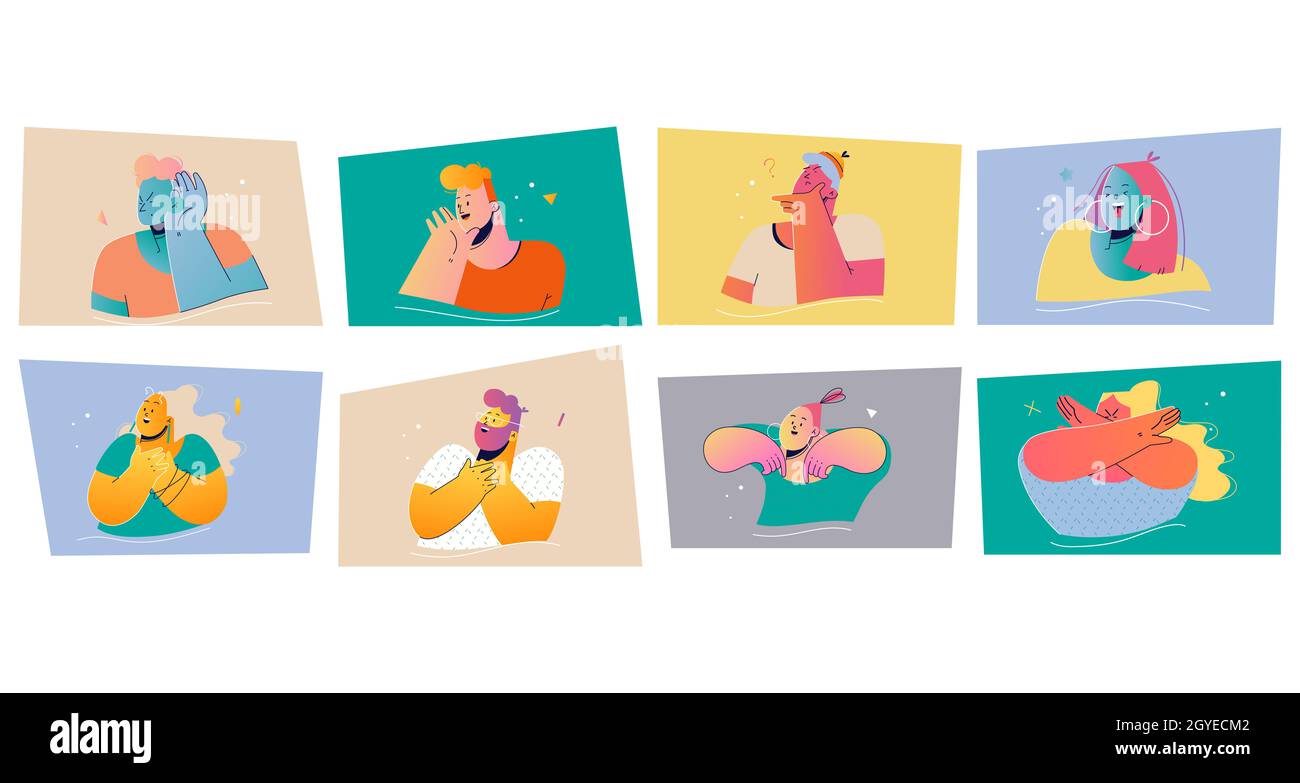 Emotion, face expression set concept. Positive and negative emotional people illustration for print. Collection of men women cartoon characters listen Stock Photo