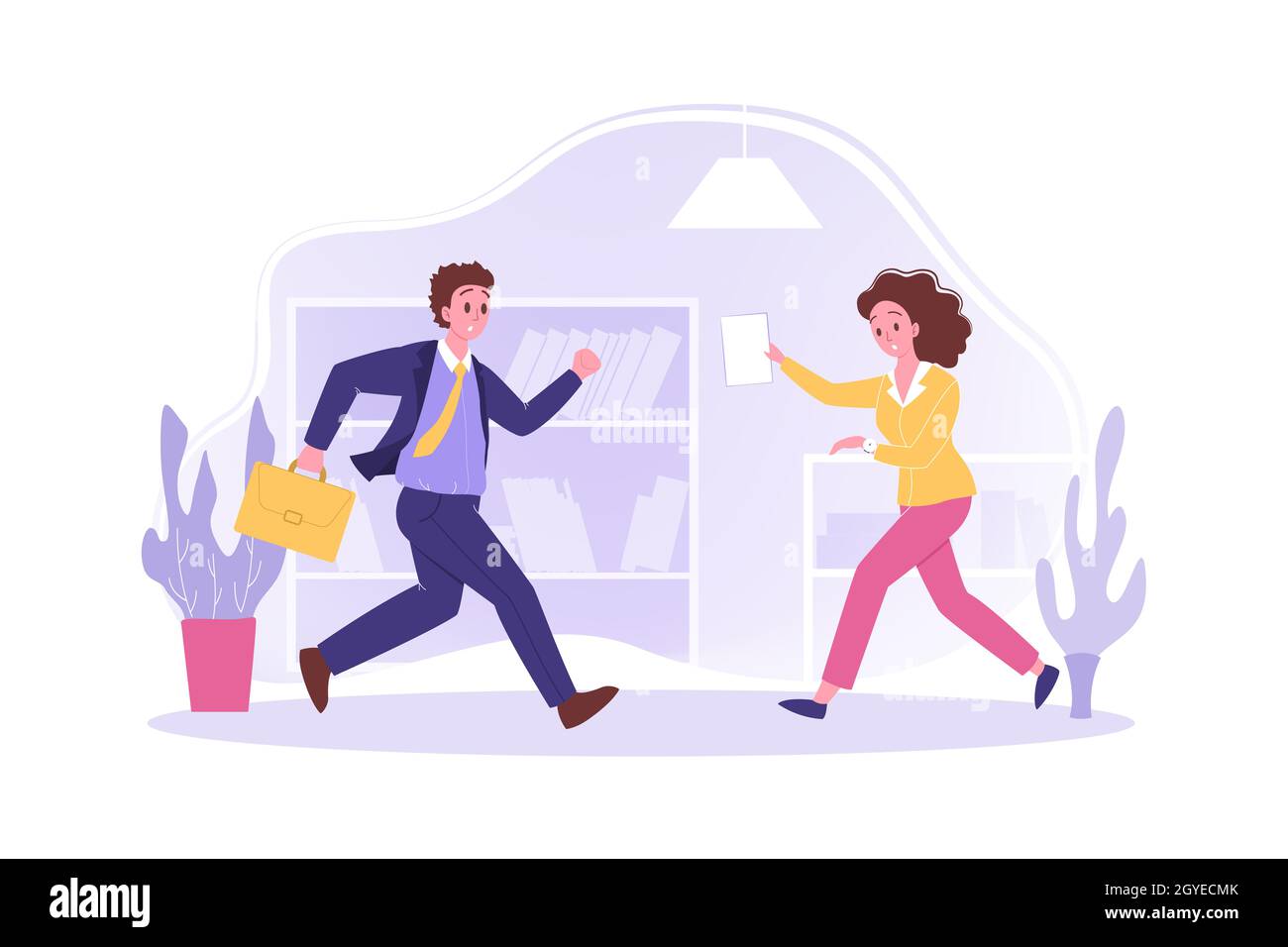 Hurrying people in office, business concept. Young worried busy businessman woman partners clerks managers employees cartoon characters running at wor Stock Photo