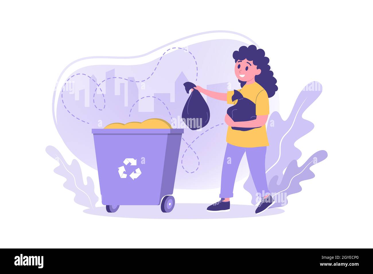 Volunteering, ecology, work, care, recycling concept. Illustration of young girl kid pupil volunteer cartoon character. Ecological friendly for nature Stock Photo