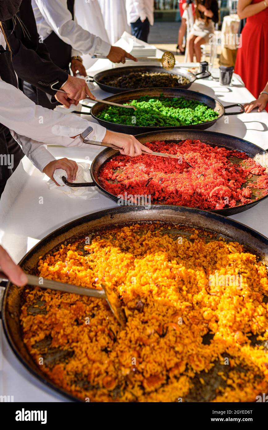 Detail of different types of special Valencian paellas, a typical rice