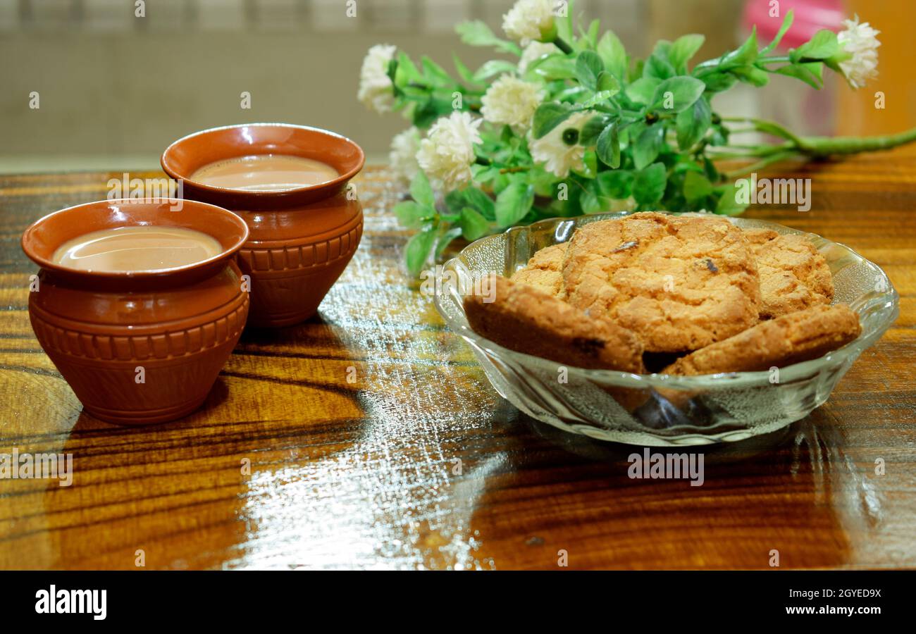 Tea in Indian Handmade " MATIR BHAR" Clay Cup with Homemade Cookies in