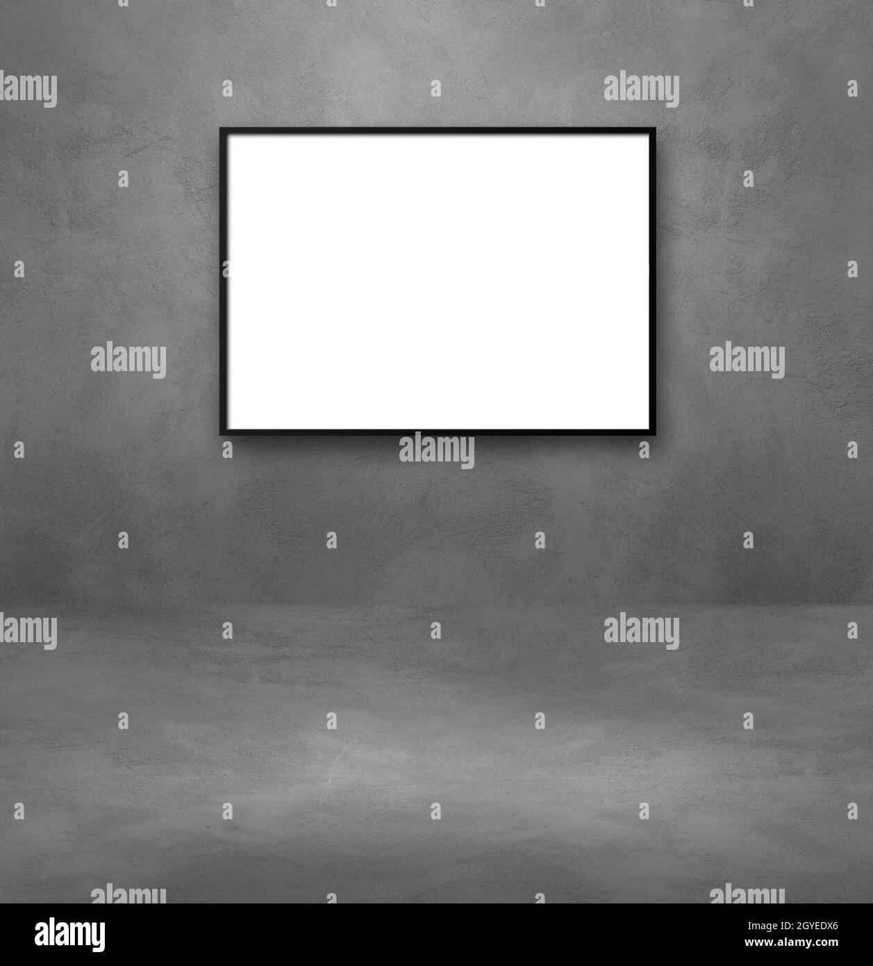 Black picture frame hanging on a dark concrete wall. Blank mockup ...