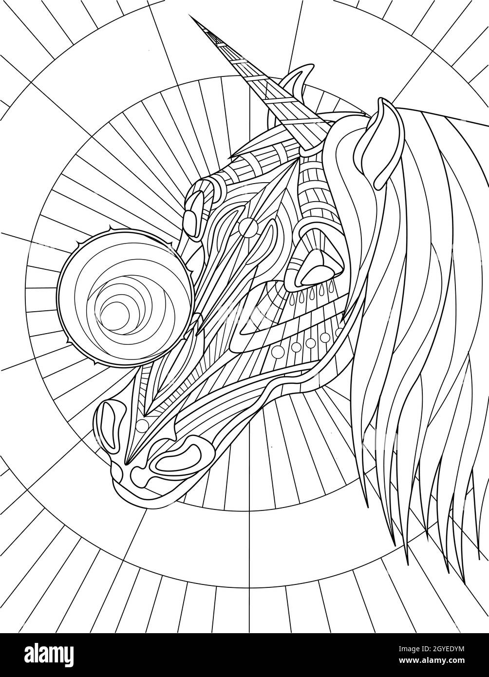 Unicorn Head With Beautiful Mane Touching Round Object Line Drawing. Stock Photo
