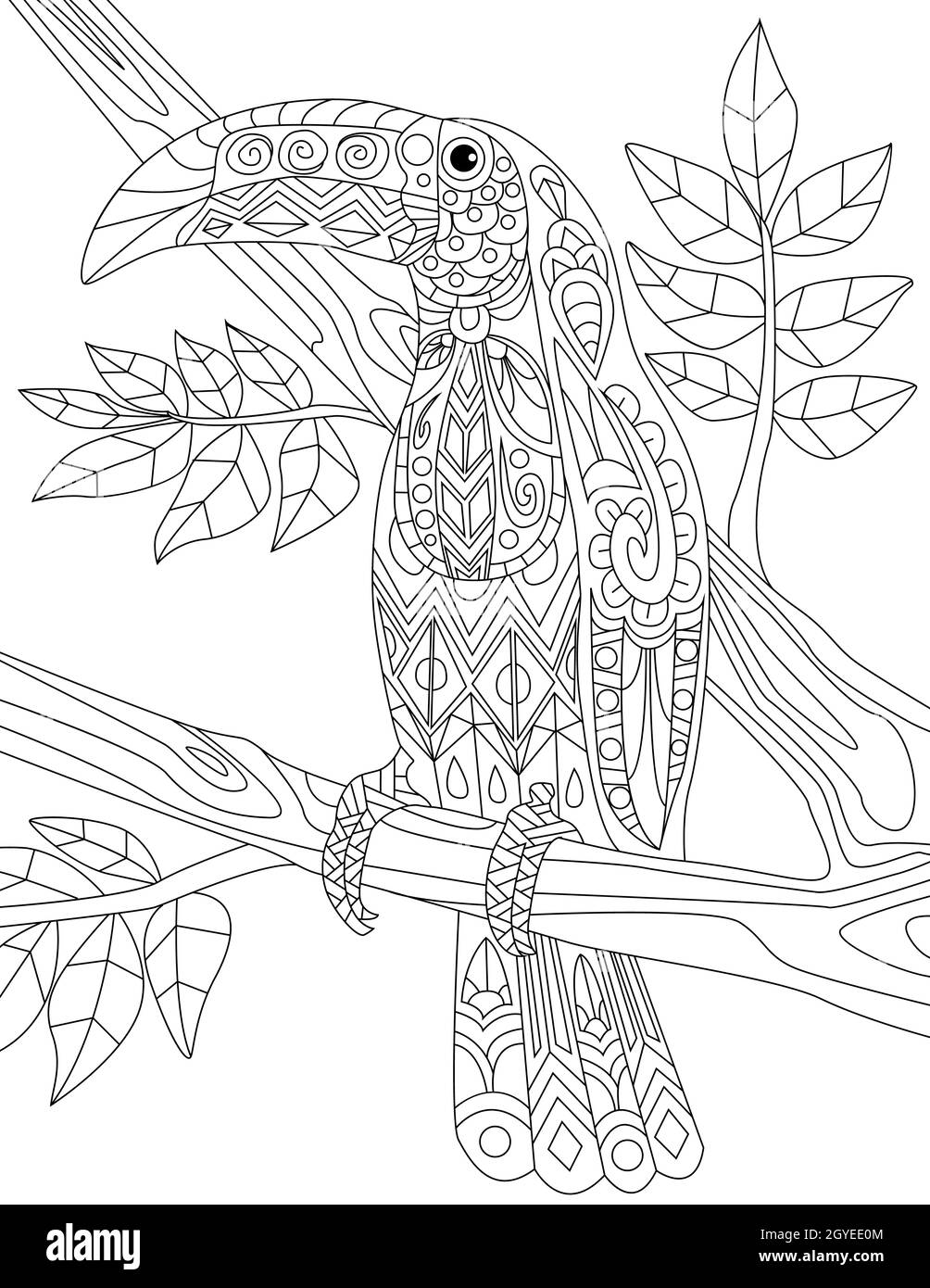 Macaw Resting On A Tree Branch With Small Leaves Colorless Line Drawing. Stock Photo